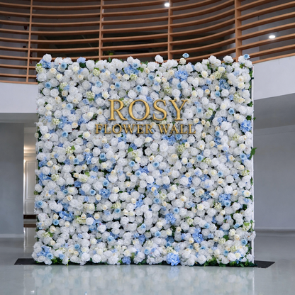 Blue and white 5D silk flower wall backdrop, front view in an indoor venue