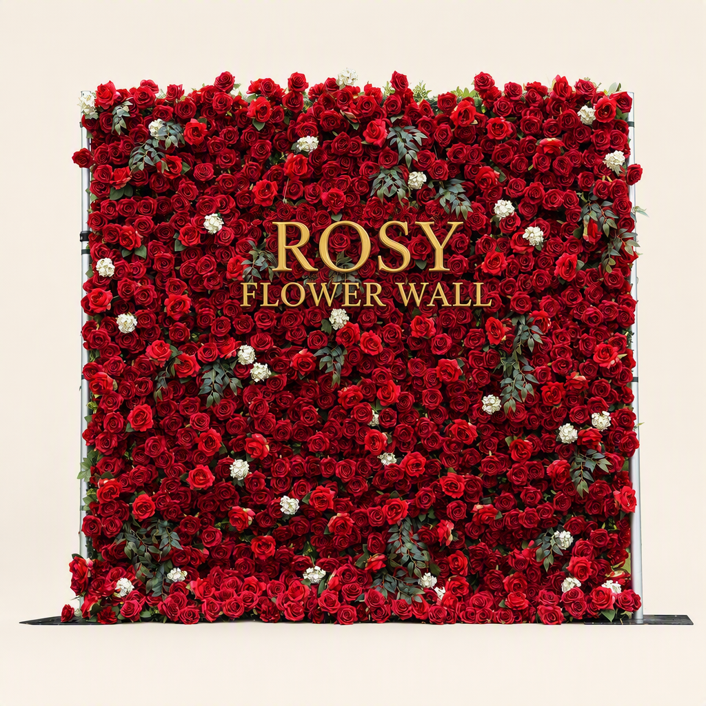 Red 5D silk flower wall backdrop, front view on a warm-white background