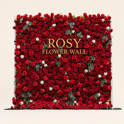 Red 5D silk flower wall backdrop, front view on a warm-white background