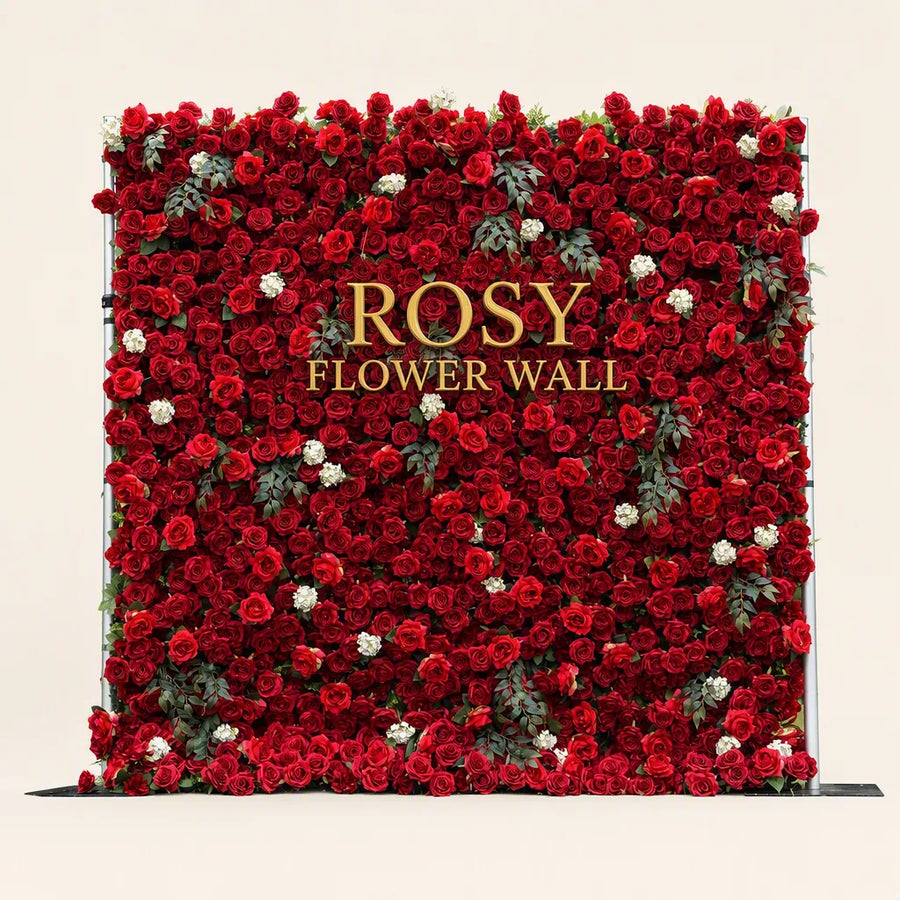 Artificial flower wall front view with gold Rosy Flower Wall logo on warm white background