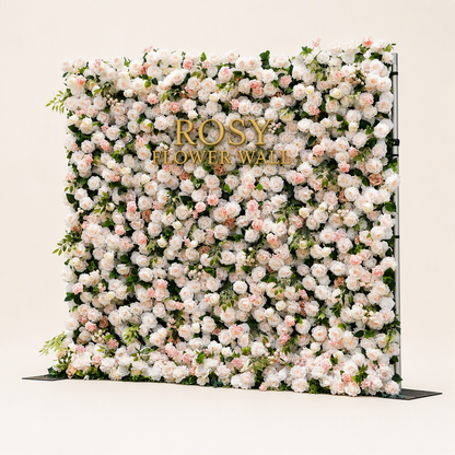 Peach and white 5D silk flower wall backdrop, angled side view on a warm-white background