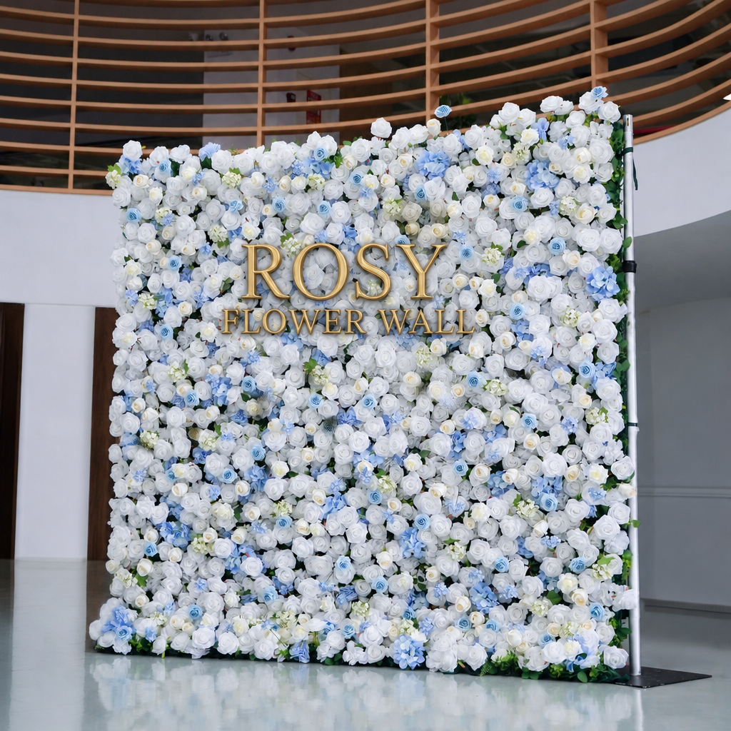 Blue and white 5D silk flower wall backdrop, angled side view in an indoor venue