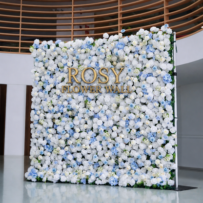 Blue and white 5D silk flower wall backdrop, angled side view in an indoor venue