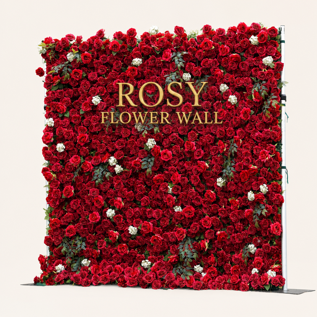Red 5D silk flower wall backdrop, angled side view on a warm-white background