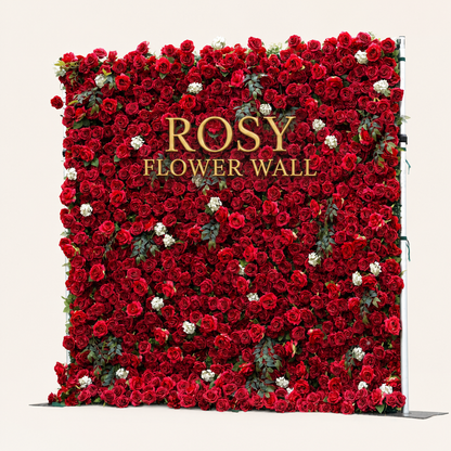 Red 5D silk flower wall backdrop, angled side view on a warm-white background