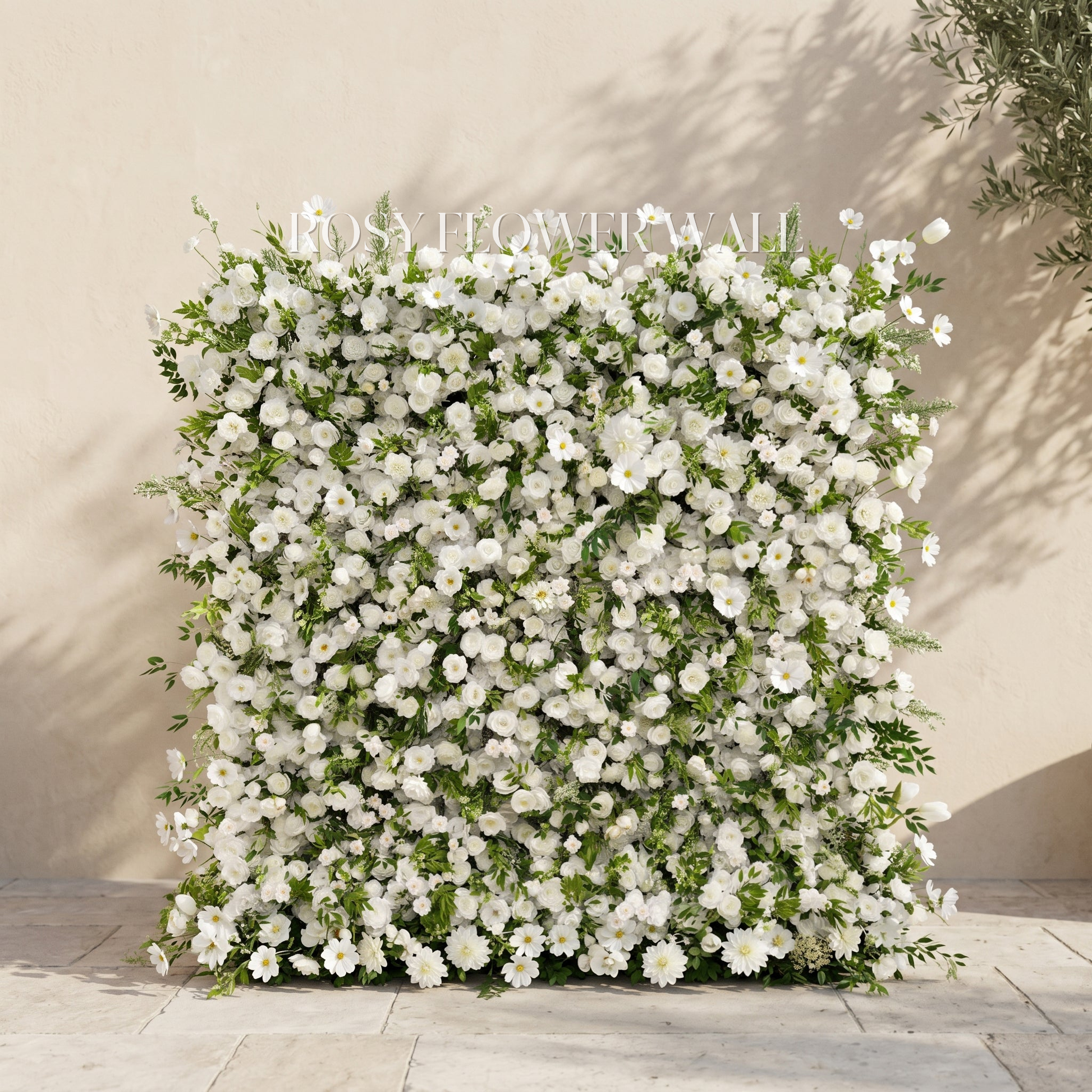 Ivory and greenery silk flower wall with transparent Rosy Flower Wall logo