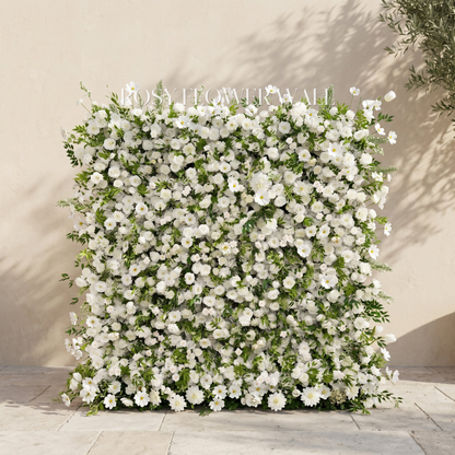 Ivory and greenery silk flower wall with transparent Rosy Flower Wall logo