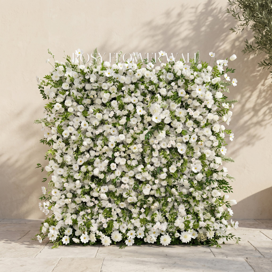 Ivory and greenery silk flower wall with transparent Rosy Flower Wall logo
