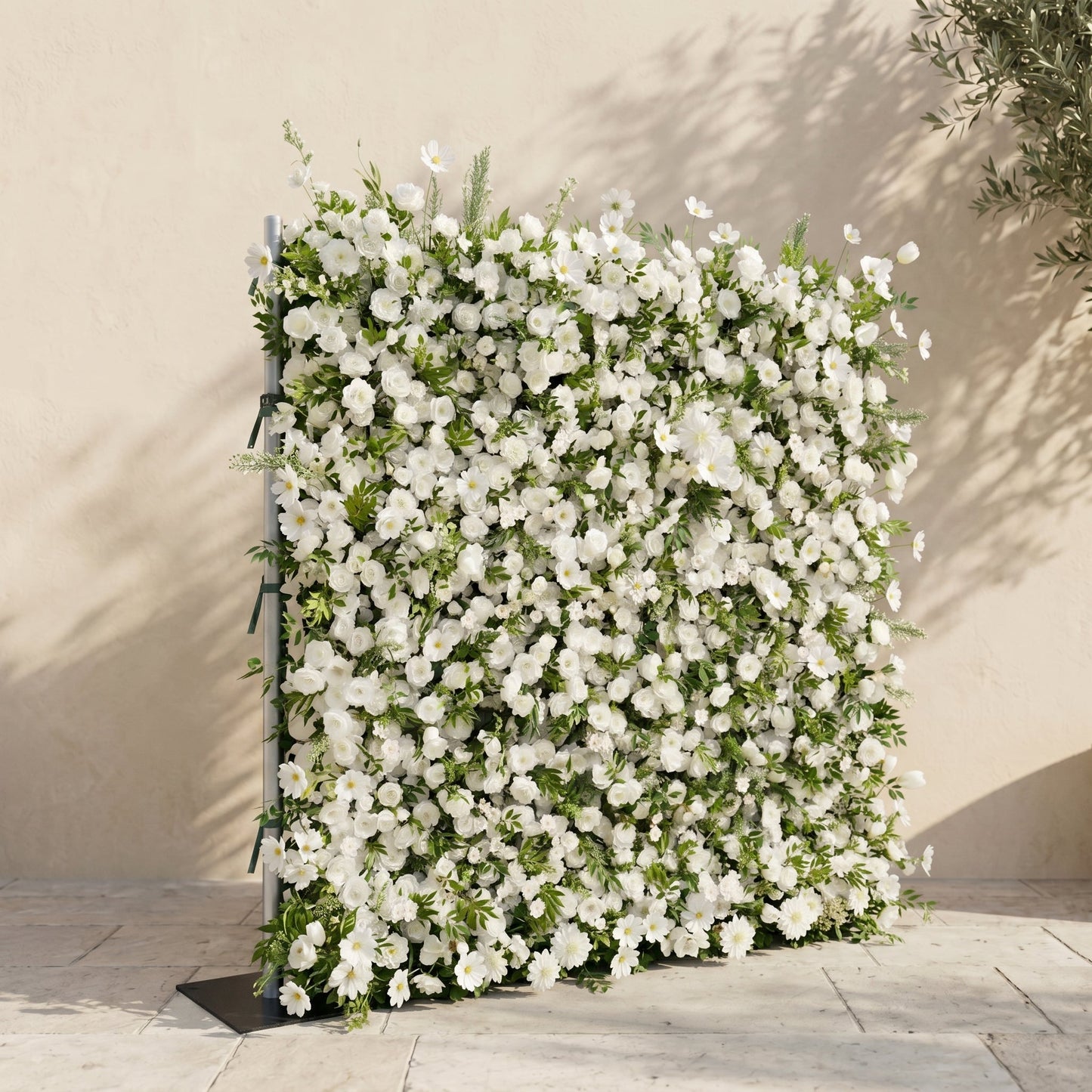 Ivory and greenery silk flower wall side view