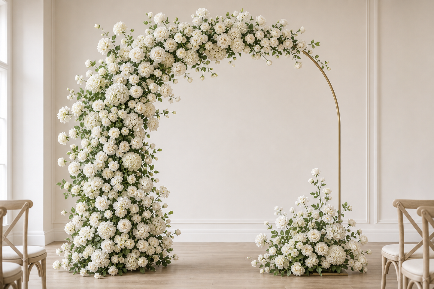 Ivory white loose artificial flower kit arranged on a large wedding ceremony arch