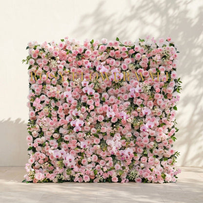 Jolliane floral backdrop with gold Rosy Flower Wall logo