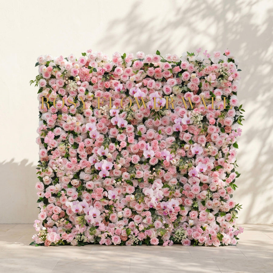 Jolliane floral backdrop with gold Rosy Flower Wall logo
