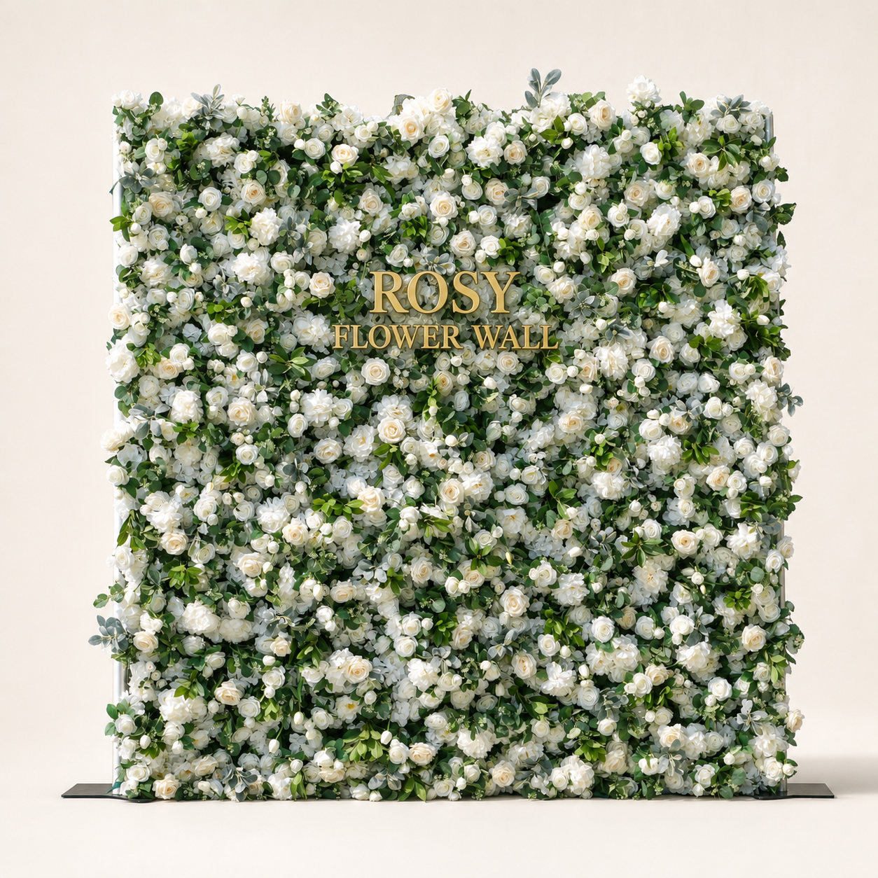 Kitty 7D white rose and greenery flower wall in warm white studio with gold ROSY FLOWER WALL logo