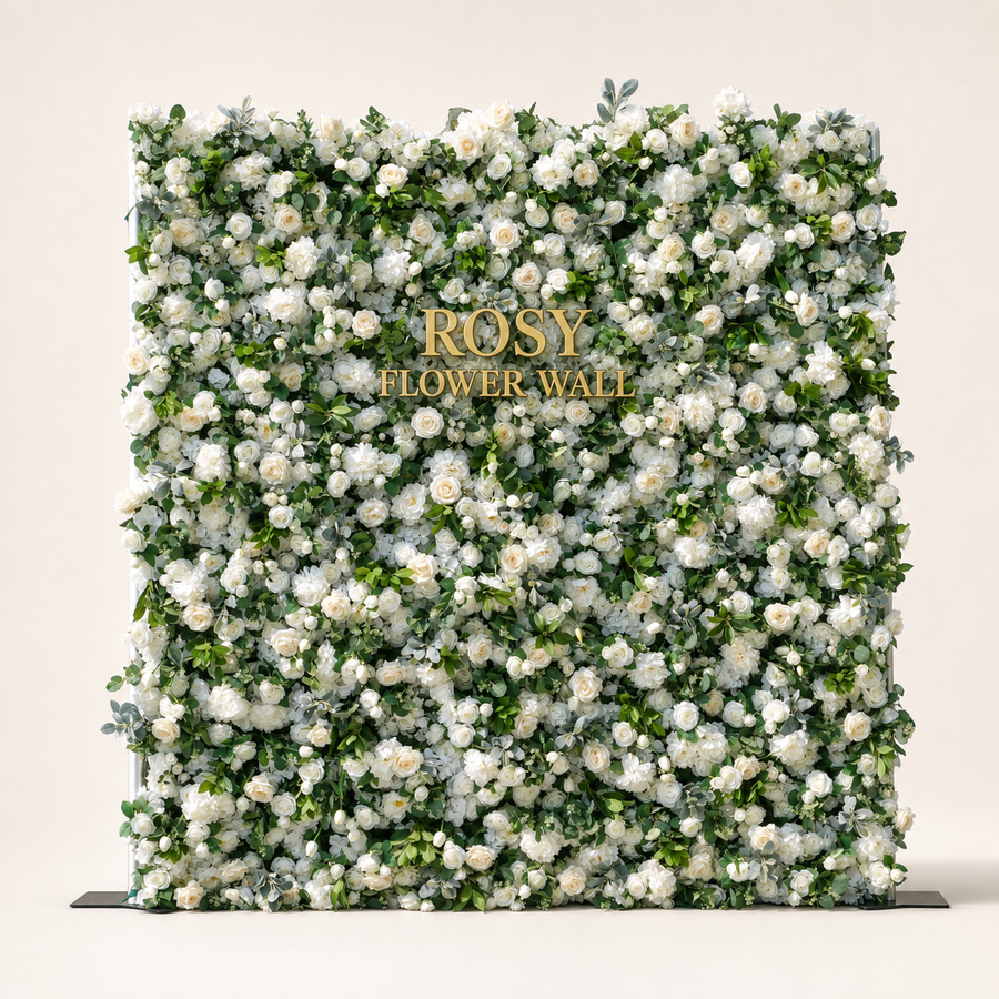 Kitty 7D white rose and greenery flower wall in warm white studio with gold ROSY FLOWER WALL logo