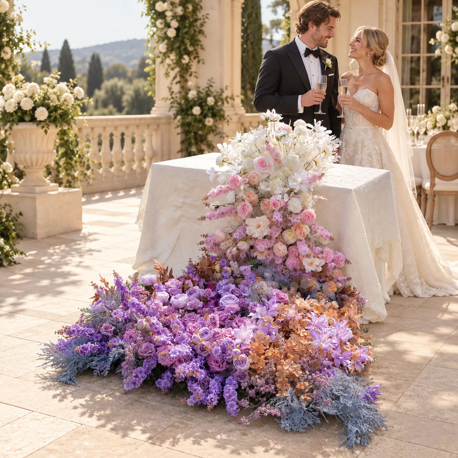Lavender, Blush & Champagne Artificial Flower Runner styled for a wedding celebration
