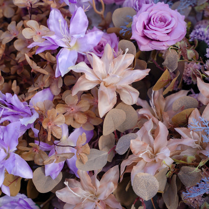 Close-up of lavender and champagne artificial flower runner