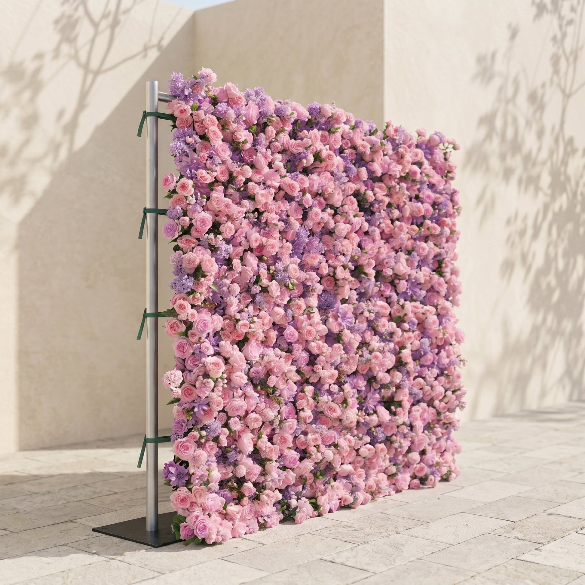 Left view of lavender purple floral wall backdrop