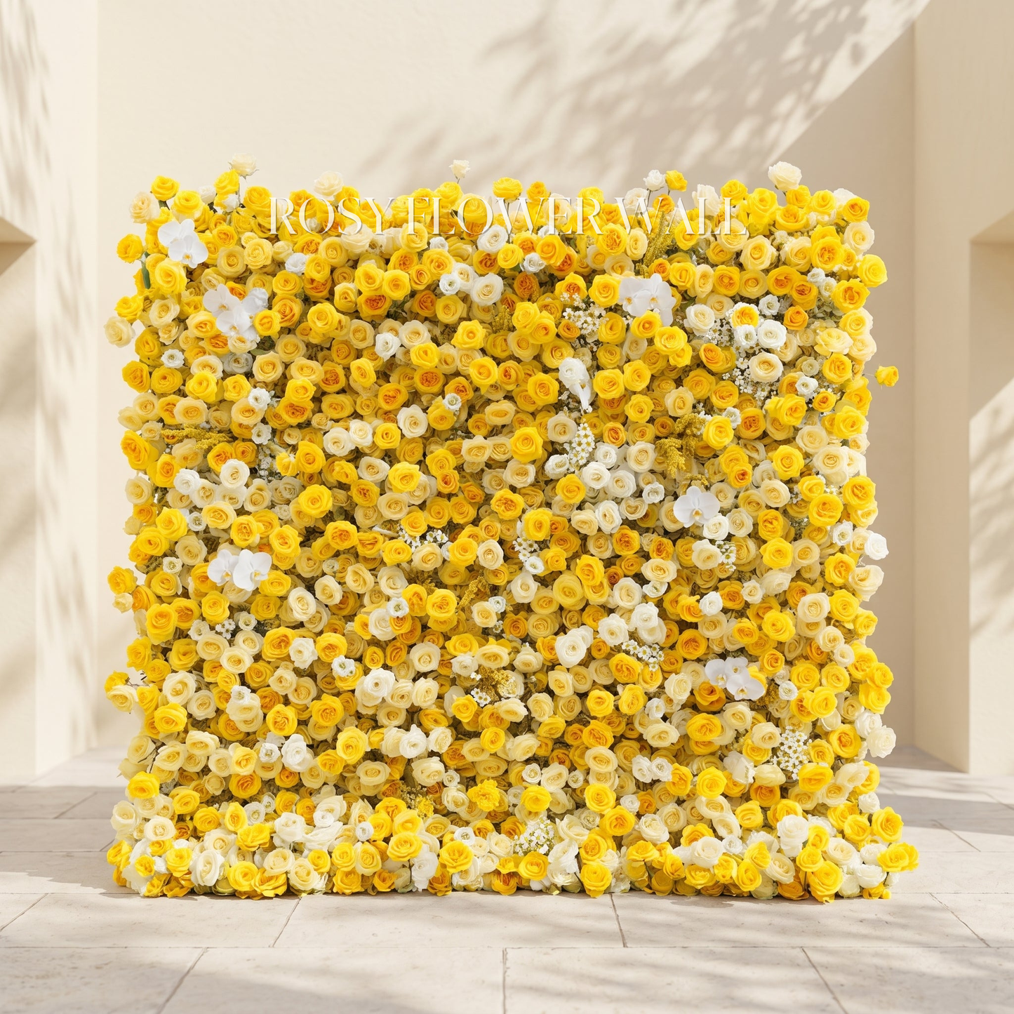 Lemon yellow and white silk flower wall with transparent Rosy Flower Wall logo