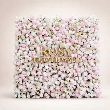 Artificial flower wall front view with gold Rosy Flower Wall logo on warm white background