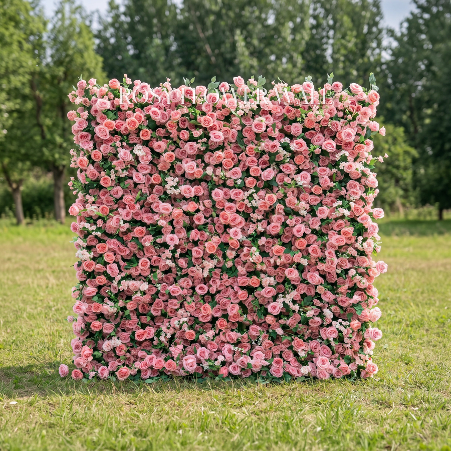 Light red rose flower wall with transparent Rosy Flower Wall logo