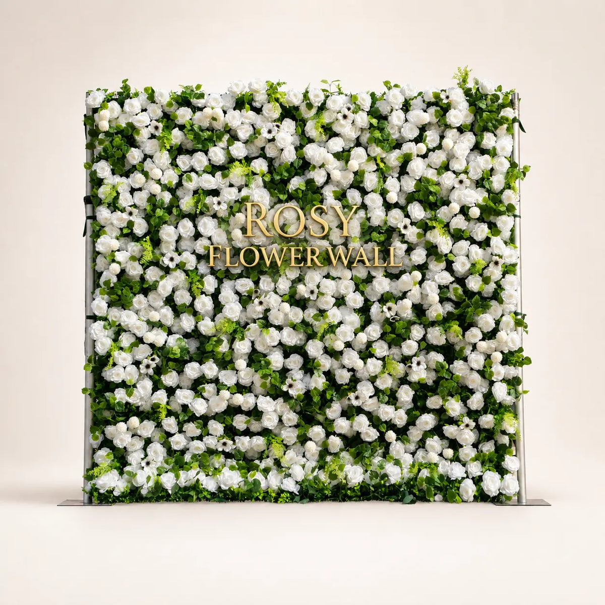 Artificial flower wall front view with gold Rosy Flower Wall logo on warm white background