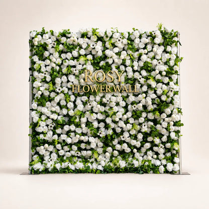 Artificial flower wall front view with gold Rosy Flower Wall logo on warm white background