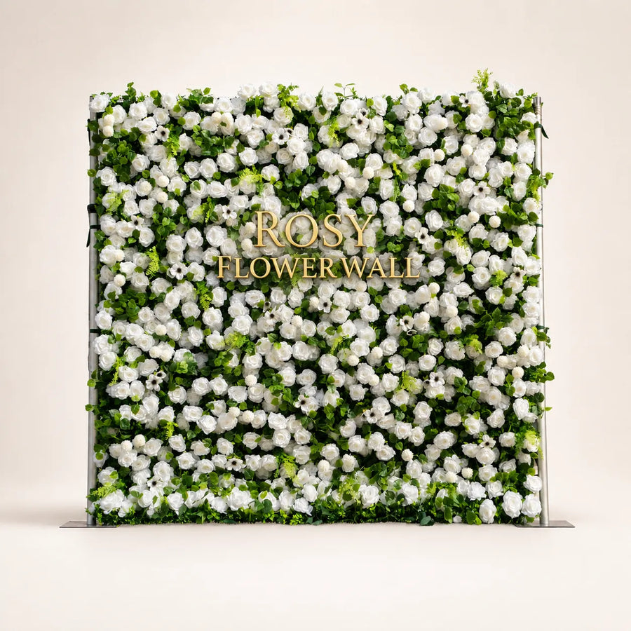 Artificial flower wall front view with gold Rosy Flower Wall logo on warm white background