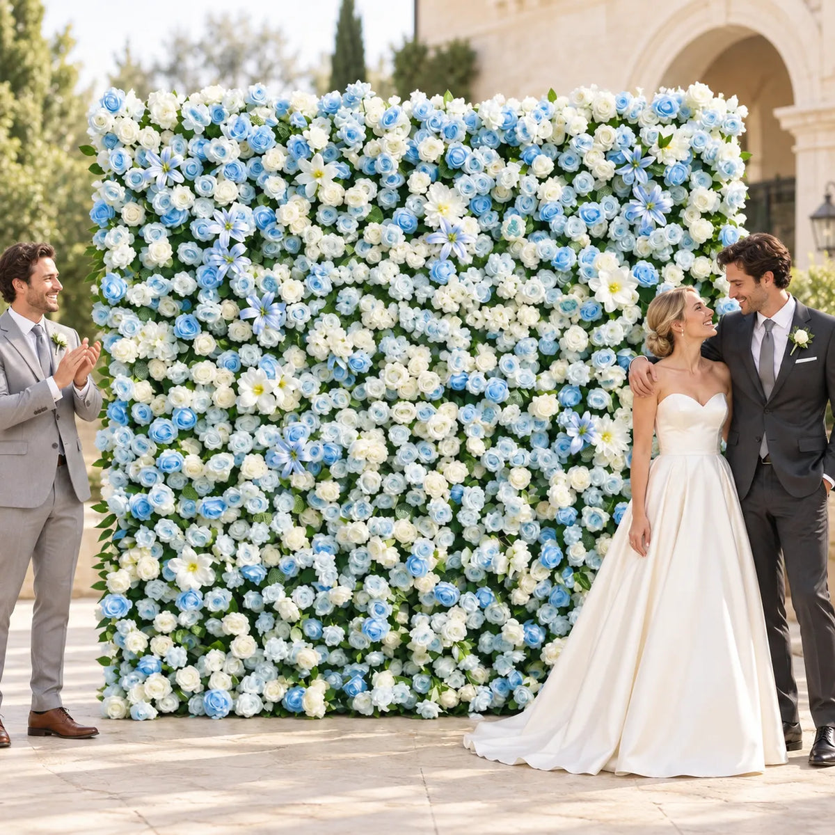 Luxury 3D Blue Silk Flower Wall Backdrop in an AI-styled wedding scene