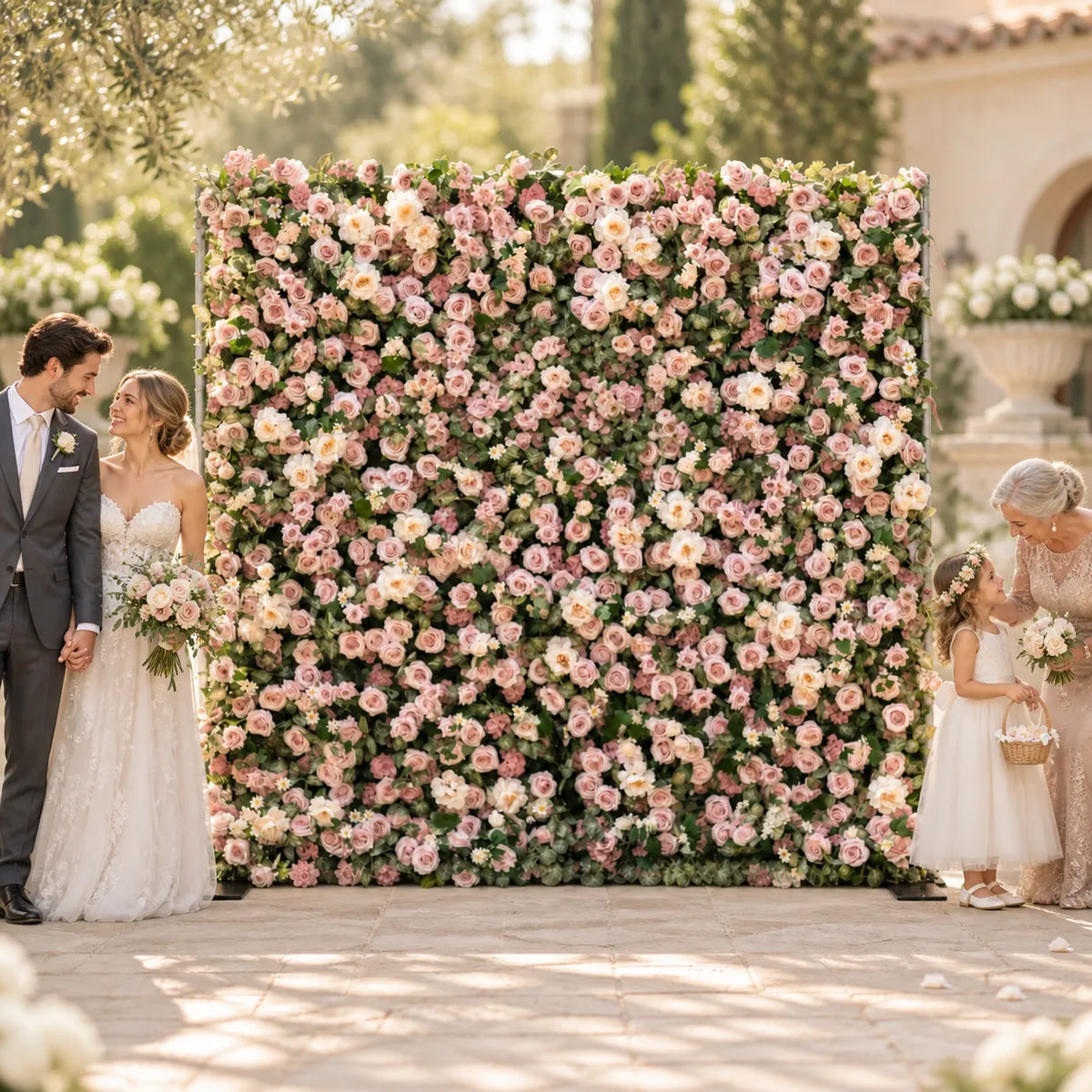 Luxury 3D Blush Pink Garden Silk Flower Wall in an AI-styled wedding scene