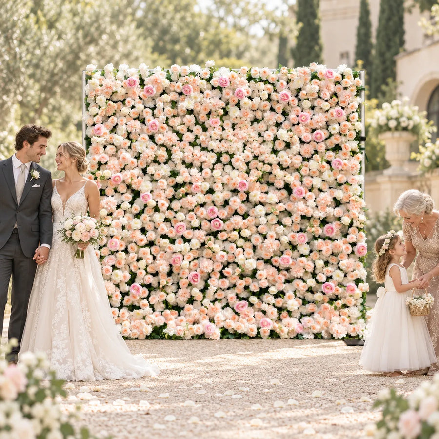 Luxury 3D Blush Pink & Ivory Silk Flower Wall in an AI-styled wedding scene