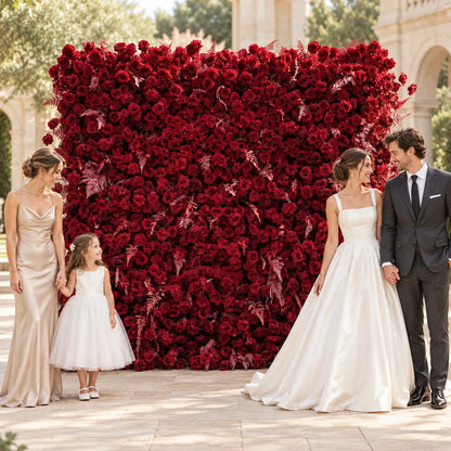 Luxury 3D Burgundy Red Silk Flower Wall Backdrop in an AI-styled wedding scene