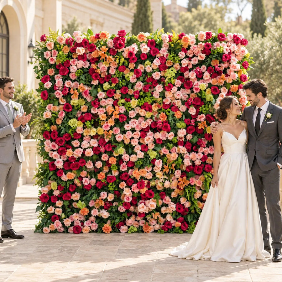 Luxury 3D Multicolor Silk Flower Wall Backdrop in an AI-styled wedding scene