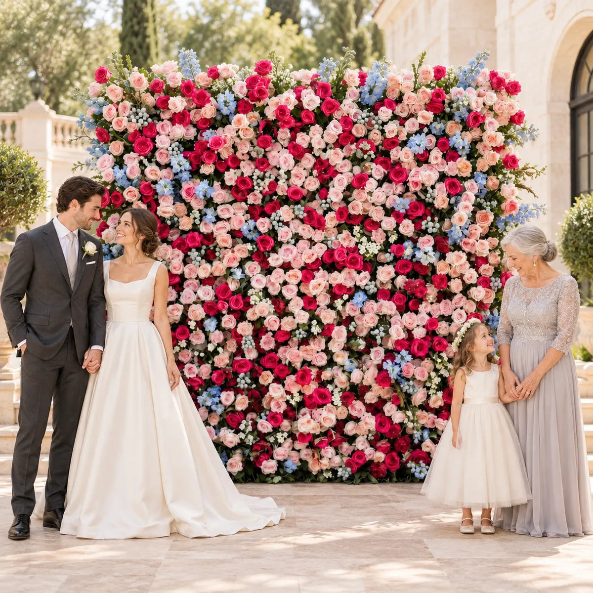Luxury 3D Pink, Red & Blue Silk Flower Wall Backdrop in an AI-styled wedding scene