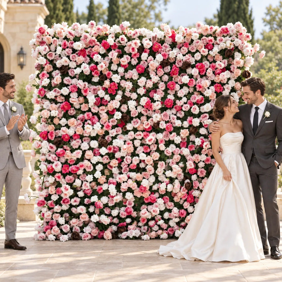 Luxury 3D Pink Rose Silk Flower Wall Backdrop in an AI-styled wedding scene