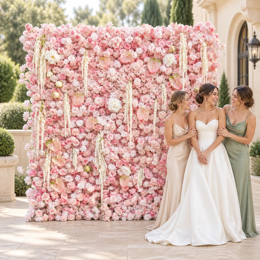 Luxury 3D Pink Tassel Silk Flower Wall Backdrop in an AI-styled wedding scene