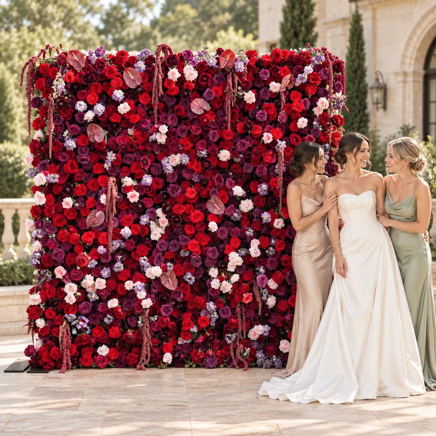 Luxury 3D Purple & Red Silk Flower Wall Backdrop in an AI-styled wedding scene