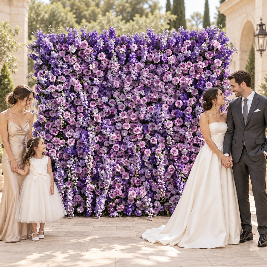 Luxury 3D Purple Silk Flower Wall Backdrop in an AI-styled wedding scene