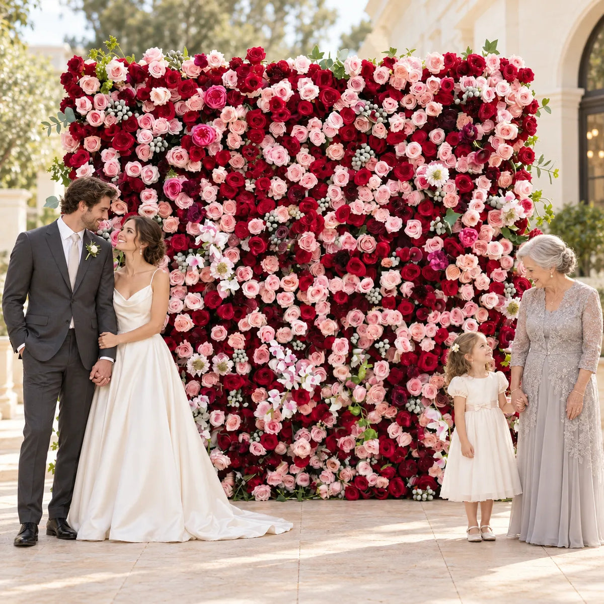Luxury 3D Red & Blush Silk Flower Wall Backdrop in an AI-styled wedding scene