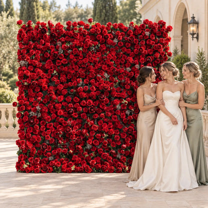 Luxury 3D Red Rose Silk Flower Wall Backdrop in an AI-styled wedding scene