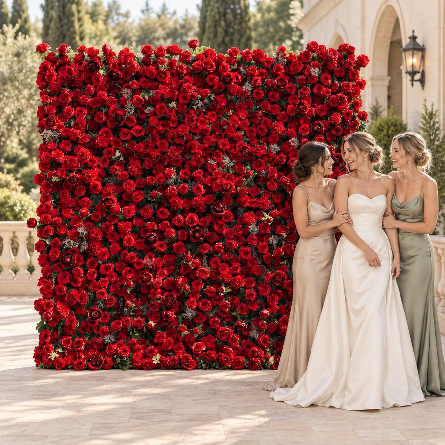 Luxury 3D Red Rose Silk Flower Wall Backdrop in an AI-styled wedding scene