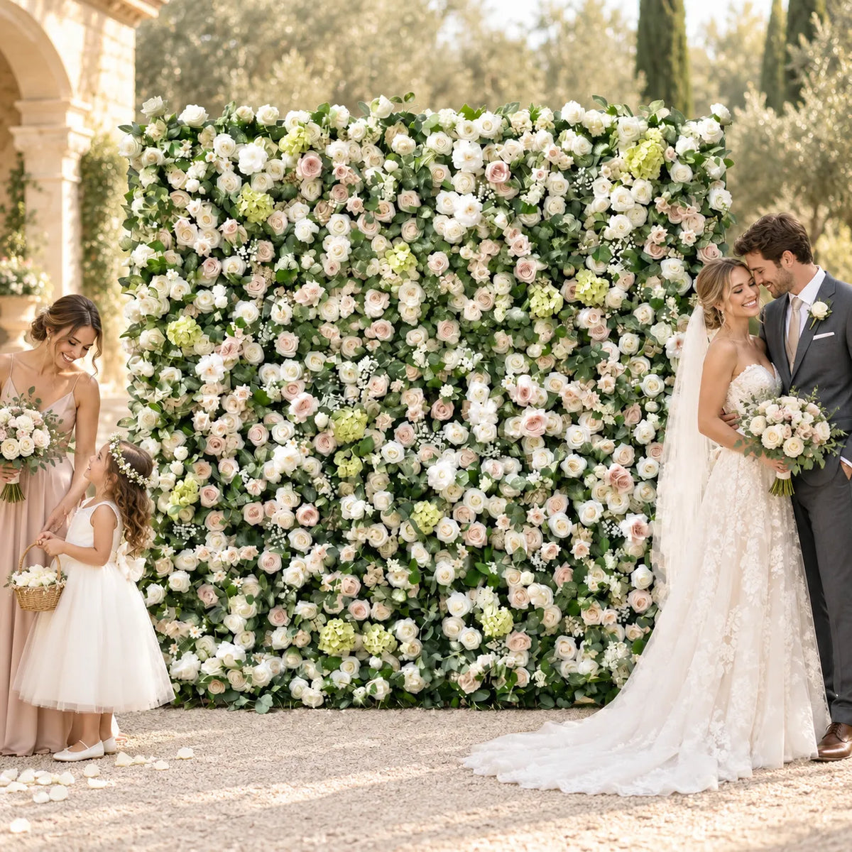 Luxury 3D White & Greenery Silk Flower Wall in an AI-styled wedding scene