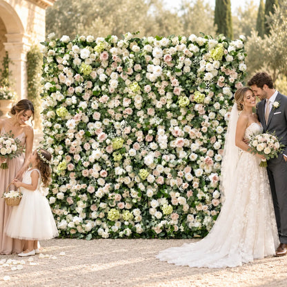 Luxury 3D White & Greenery Silk Flower Wall in an AI-styled wedding scene