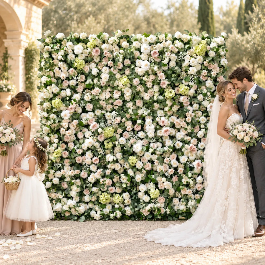 Luxury 3D White & Greenery Silk Flower Wall in an AI-styled wedding scene
