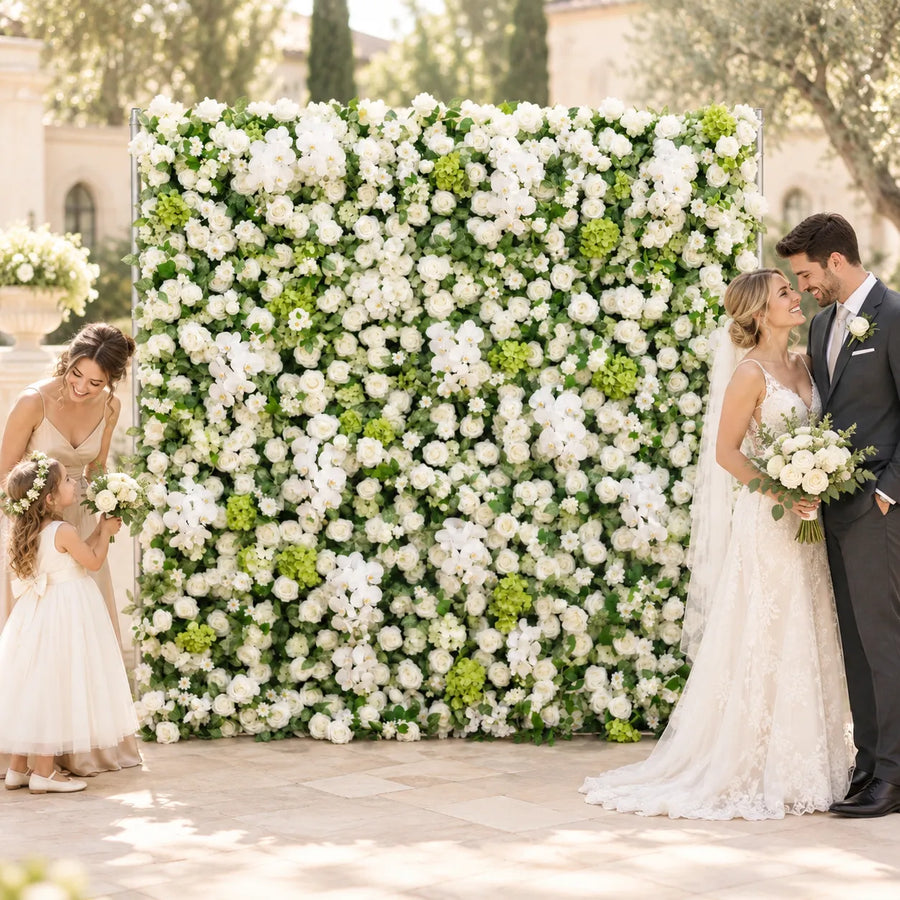 Luxury 3D White Orchid Silk Flower Wall Backdrop in an AI-styled wedding scene