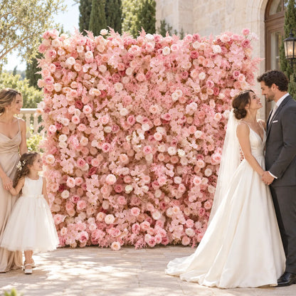 Luxury 4D All-Blush Pink Silk Flower Wall Backdrop in an AI-styled wedding scene with a couple, guest and flower girl