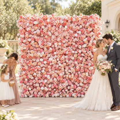 Luxury 4D Blush & Peach Rose Silk Flower Wall in an AI-styled wedding scene