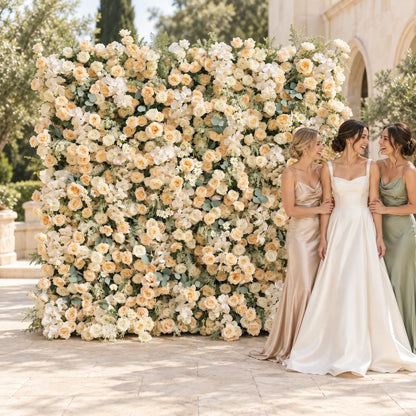 Luxury 4D Cream & Champagne Silk Flower Wall Backdrop in an AI-styled wedding scene