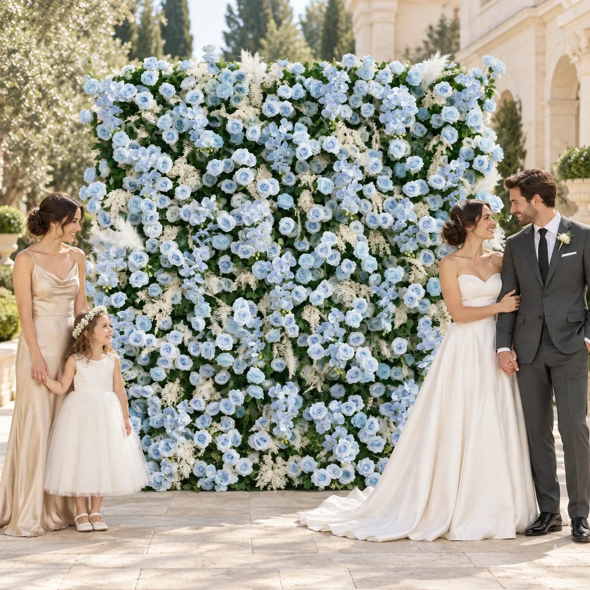 Luxury 4D Dusty Blue Flower Wall with Greenery in an AI-styled wedding scene