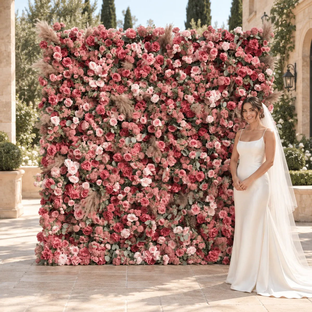 Luxury 4D Dusty Rose & Nude Pink Silk Flower Wall with Pampas Grass in an AI-styled wedding scene