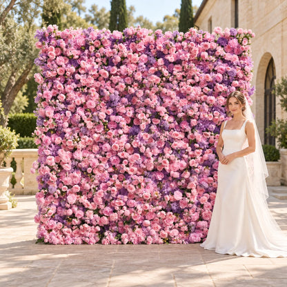 Luxury 4D Lavender Purple & Soft Pink Silk Flower Wall Backdrop in an AI-styled wedding scene